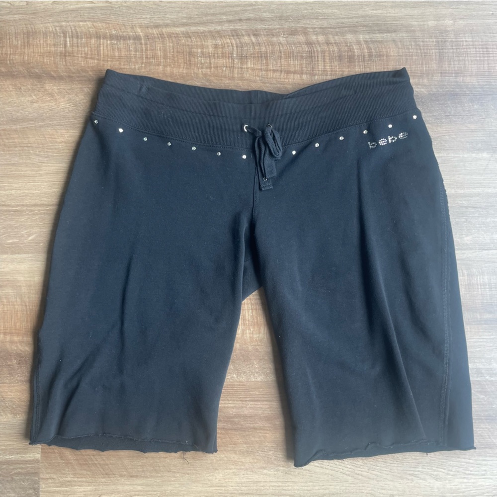 BEBE Bedazzled Sequin Shorts in Black with Silver Swirl Design Bedazzled Pockets